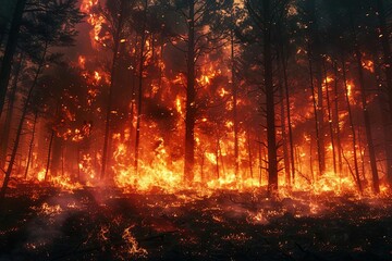 A wildfire blazing through a forest, illustrating fire focus on, destruction, dynamic, Multilayer, woodland backdrop, closeup