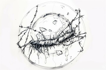 A black and white drawing of barbed wire on a plate. Suitable for security concepts