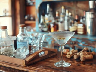 Retro Evening at a Vintage Bar: Star Martini on an Old-Fashioned Cart Surrounded by Classic Glassware and Decor