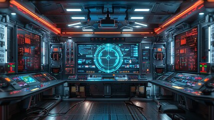Sci-fi technology background image, Control room with an array of digital screens and consoles Illustration image,