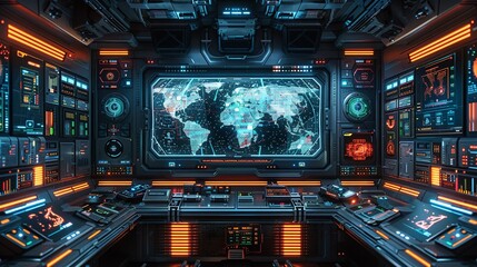 Fototapeta premium Sci-fi technology background image, Control room with an array of digital screens and consoles Illustration image,