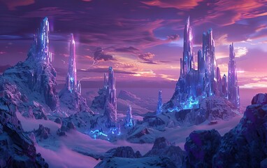 Stunning fantasy landscape with glowing crystal spires and a colorful sky at sunset, featuring a mystical and otherworldly ambiance.