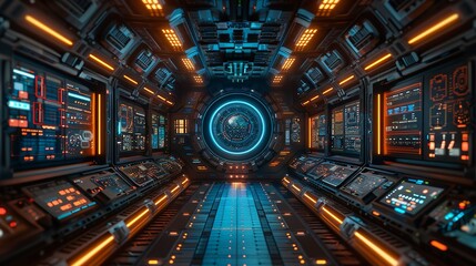 Sci-fi technology background image, Control room with an array of digital screens and consoles Illustration image,