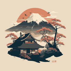 Japanese House with Mount Fuji Background Vector File. Unique and cool design. Generated AI Results - Artificial Intelligence