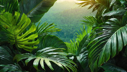 Tropical leaves around as frame with view on tropical forest