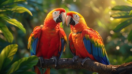 Colorful macaw parrots couple on a tree branch in a tropical jungle background.