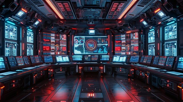 Sci-fi technology background image, High-tech command center with a wall of screens Illustration image,