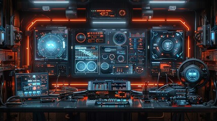 Sci-fi technology background image, High-tech lab with transparent screens and digital interfaces Illustration image,