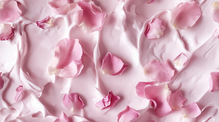top view of rose ice cream surface, a closeup of the rose ice cream texture, highlighting its creamy base with a light pink color and delicate rose petals