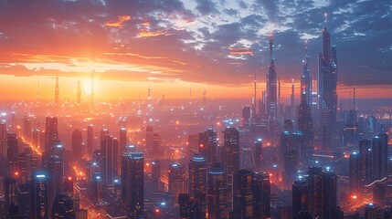 Fototapeta premium Sci-fi technology background image, High-tech urban landscape with interconnected buildings Illustration image,