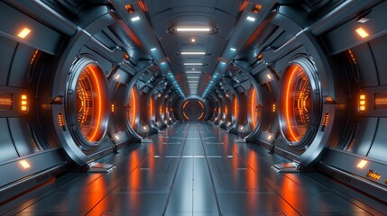 Sci-fi technology background image, Metallic corridors in a futuristic building Illustration image,