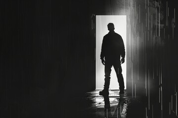 A man standing in a dark room with an open door. Perfect for mystery or suspense themes