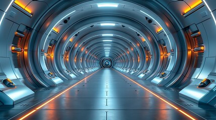 Sci-fi technology background image, Metallic corridors in a futuristic building Illustration image,