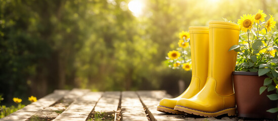 Spring background with yellow rubber boots in the garden. Generative AI
