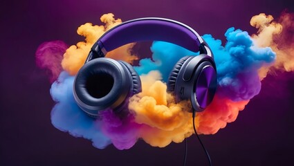 headphones that seem to be emanating vibrant  colorful smoke 