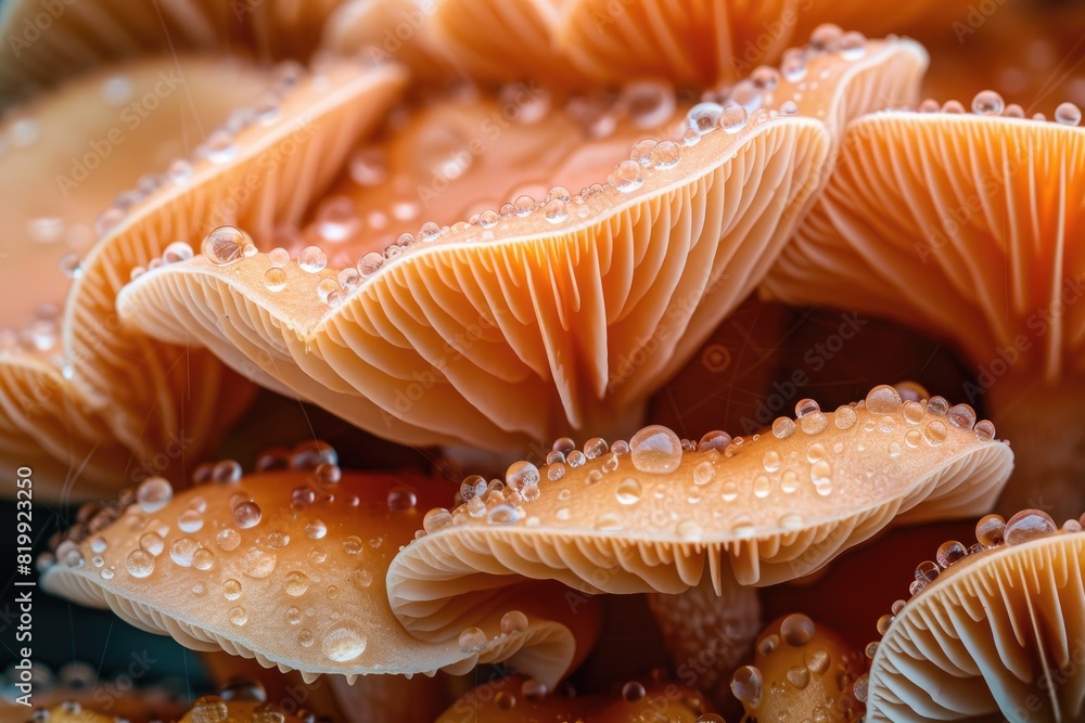 Poster a close up of a group of orange mushrooms with water droplets on them. the mushrooms are arranged in