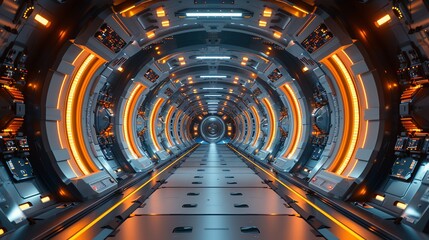 Sci-fi technology background image, Space station corridor with metallic surfaces and lighting Illustration image,