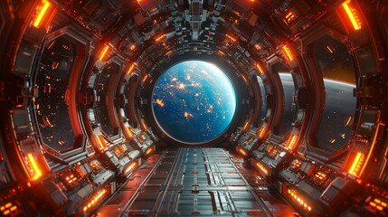 Sci-fi technology background image, Space station corridor with metallic surfaces and lighting Illustration image,