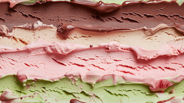 top view of spumoni ice cream surface, a closeup of the spumoni ice cream texture, highlighting its colorful layers of chocolate, pistachio, and cherry ice creams