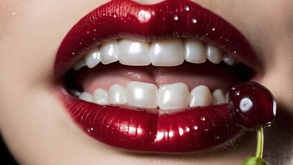 close up of mouth with red lips The lips delicately hold a crimson cherry, close up of lips with red lips partially revealing a pearly white smile.