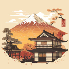 Japanese House with Mount Fuji Background Vector File. Unique and cool design. Generated AI Results - Artificial Intelligence