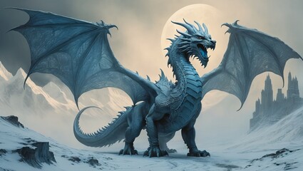 dragon in the winter night at mountains 