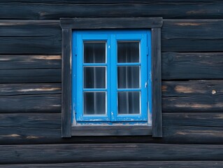 A blue window with wooden frames sits in front of a wooden wall