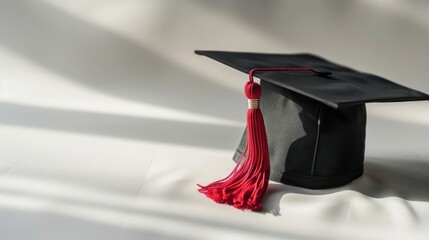 A black graduation cap with a red tassel on it