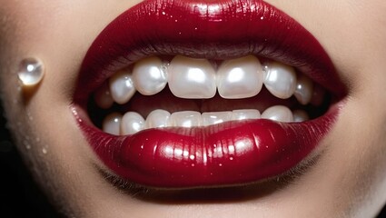 close up of lips with red lips partially revealing a pearly white smile.