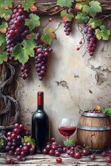 A painting of a wine bottle, grapes and barrel with some red berries, AI