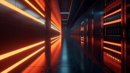 A modern data center with rows of illuminated server racks, featuring a blank space on one side for text or graphics, highlighting the advanced technology environment