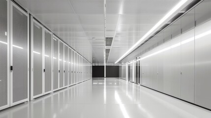A modern data center with rows of illuminated server racks, featuring a blank space on one side for text or graphics, highlighting the advanced technology environment