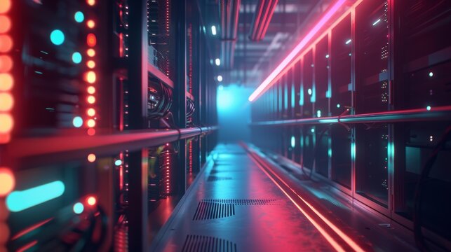 An aisle in a data center with neatly organized cables and glowing server lights, with a clear, empty area in the foreground for adding text or graphics