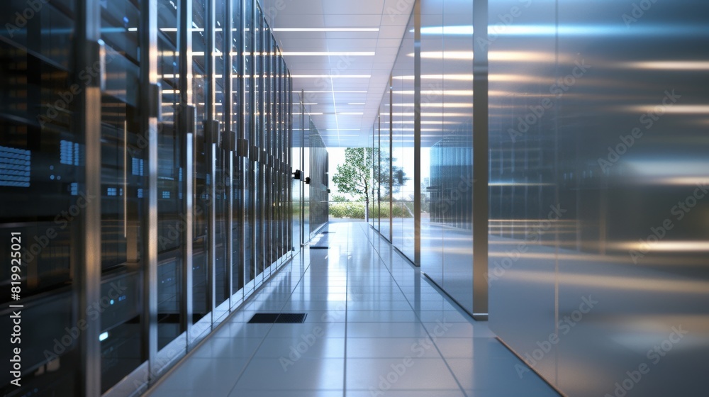 Poster a data center corridor with sleek, modern server units, and an unobstructed area in the background d