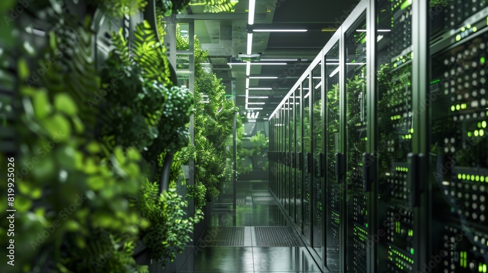 Poster a modern green data center with energy-efficient servers and cooling systems, surrounded by plants, 