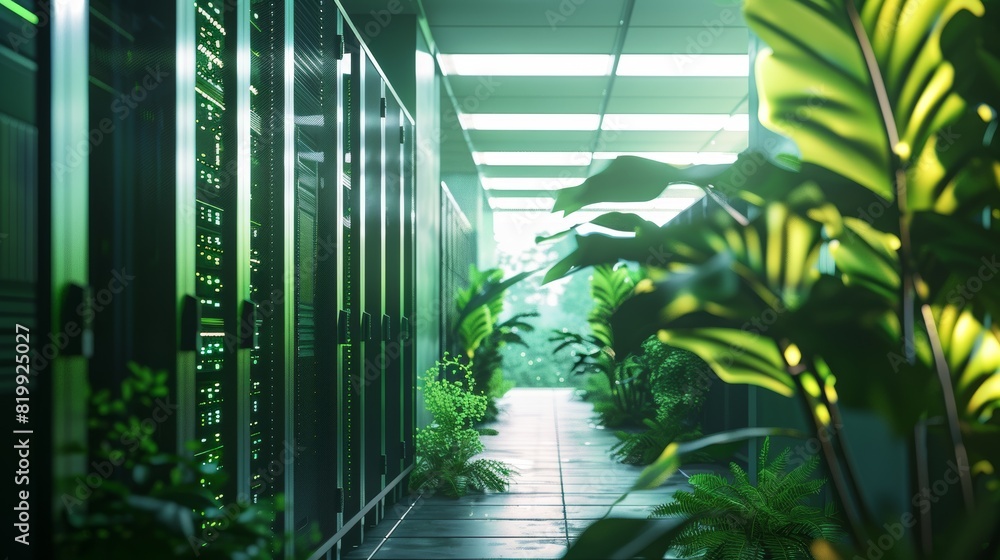 Poster a modern green data center with energy-efficient servers and cooling systems, surrounded by plants, 