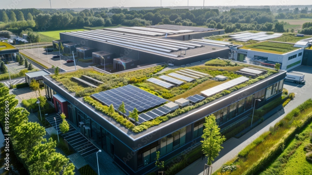 Poster an aerial view of an eco-friendly data center with solar panels on the roof and green landscaping, f