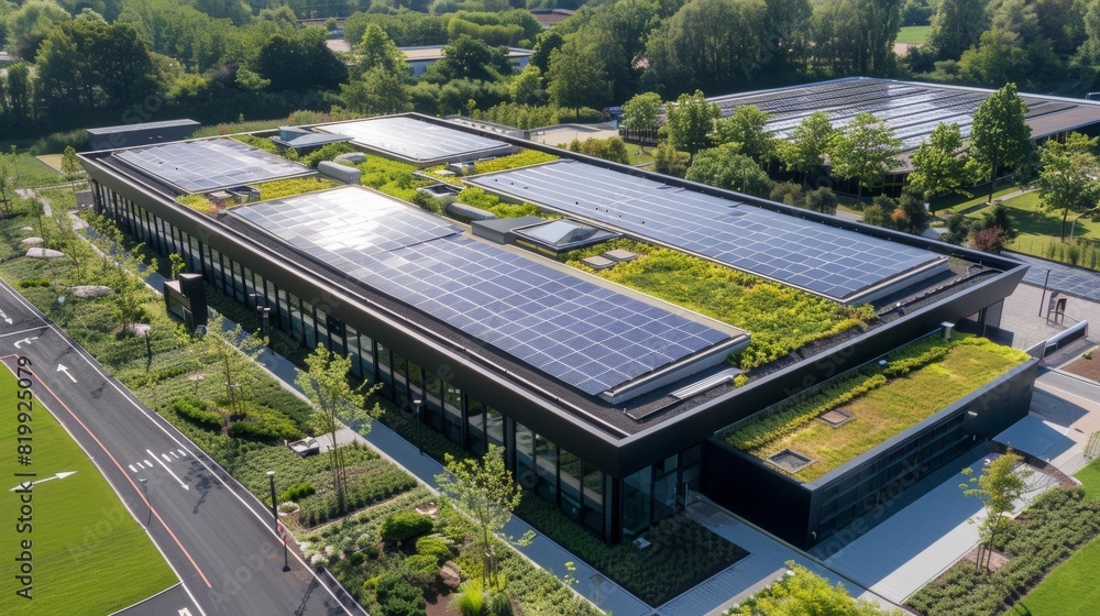 Poster an aerial view of an eco-friendly data center with solar panels on the roof and green landscaping, f