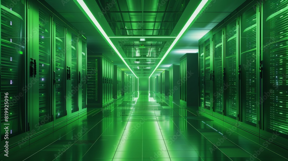 Poster a futuristic green data center with advanced cooling systems and green energy solutions, with an unc
