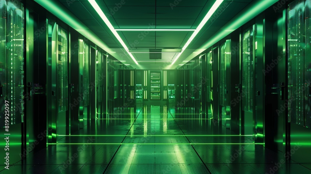 Poster a futuristic green data center with advanced cooling systems and green energy solutions, with an unc