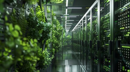 A modern green data center with energy-efficient servers and cooling systems, surrounded by plants, with ample blank space on one side for text or graphics