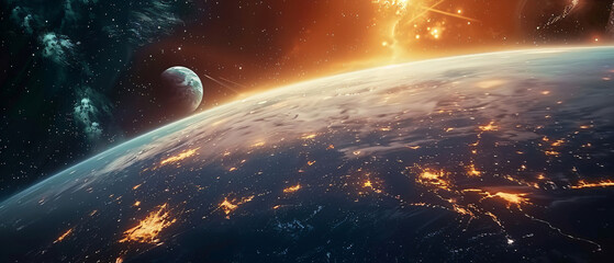 a sunrise space universe galaxy nebula with stars and planets, widescreen