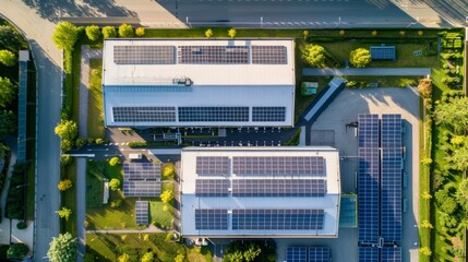 An aerial view of an eco-friendly data center with solar panels on the roof and green landscaping, featuring a clear area in the foreground for adding text or graphics