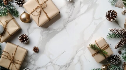Christmas and New Year holiday background. Xmas greeting card. Christmas gifts on white marble background top view. Flat layout