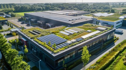 An aerial view of an eco-friendly data center with solar panels on the roof and green landscaping, featuring a clear area in the foreground for adding text or graphics