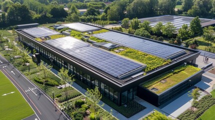 An aerial view of an eco-friendly data center with solar panels on the roof and green landscaping, featuring a clear area in the foreground for adding text or graphics