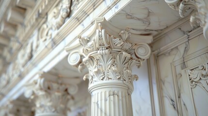 A white column with a gold leaf design on it. The column is tall and slender