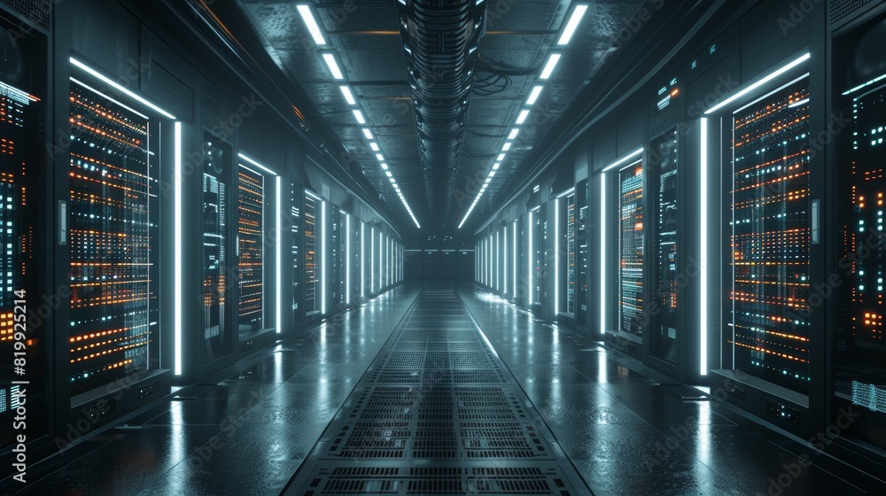 Poster a modern data center corridor featuring led-lit servers and a transparent overlay of ai analytics, l