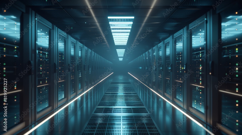 Poster a modern data center corridor featuring led-lit servers and a transparent overlay of ai analytics, l