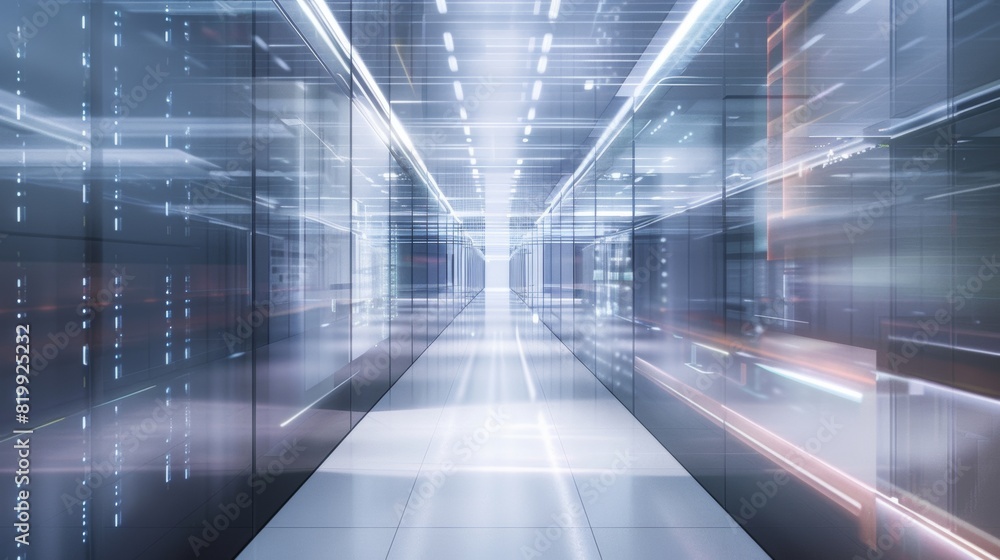 Poster a modern data center corridor featuring led-lit servers and a transparent overlay of ai analytics, l